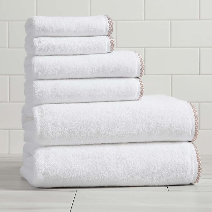 Great Bay Home White/Rosewood Bath Towel Set - Ultra-Soft Cotton, Boho-Chic Border Design - 2 Bath Towels, 2 Hand Towels, 2 Washcloths - Absorbent, Quick-Dry, Lightweight Bathroom Towels