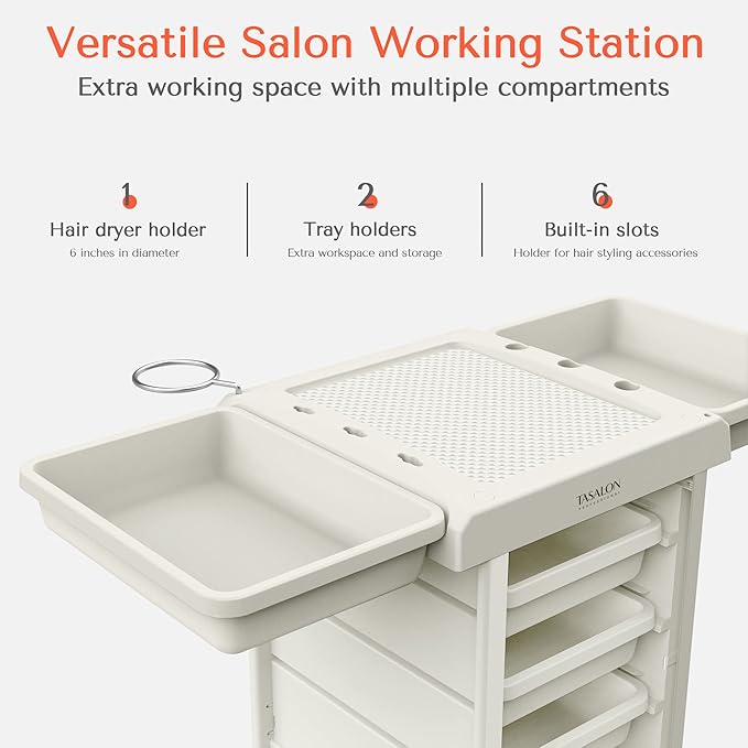 TASALON Salon Trolley Cart for Salon Station - Space Saving Salon Rolling Cart for Extra Storage - Hair Salon Beauty Cart - 6-Tray Salon Cart - Multipurpose Tool Cart - Tattoo Tray-White