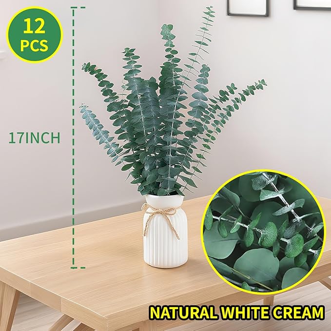 Green Dried Eucalyptus Bundle 12 Pcs Real Stems 17 Inch Fresh Natural Eucalyptus Branches for Home Decor Shower Flower Arrangement Wedding Gift