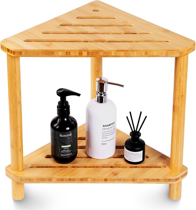 Bamboo 2-Tier Corner Shower Organizer, Waterproof Standing Shower Caddy Storage Shelf, Space-Saving Durable Bathroom Corner Shower Bench for Shampoo Soap Towel, Natural Spa Decor