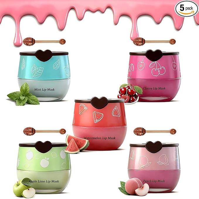 5PCS Bee Lip Balm Honey Pot，Mint&Juicy Peach&Watermelon&Cherry&Apple&Coconut Lip Mask Overnight Propolis Moisturizing Lip Balm Hydrating Prevention Dry and Crack Lip Scrubs Exfoliator Lip Wrinkle Care