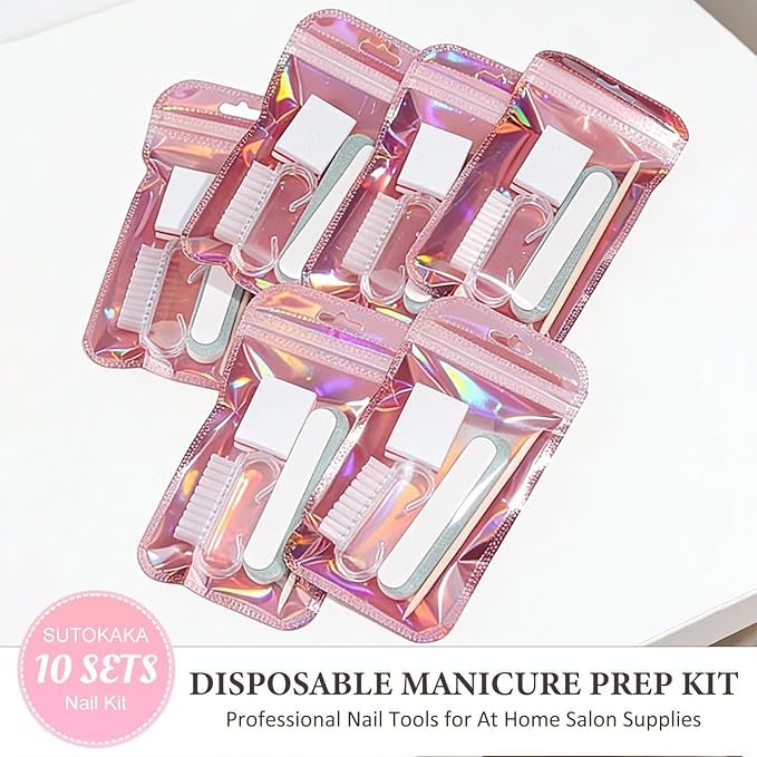 SUTOKAKA 10 Sets Disposable Manicure Prep Kit for Travel Home, Portable Basics 5 in 1 Nail Salon Pedicure Kit, Professional Nail Tools Supplies, Nail File, Mini Buffer, Wood Stick & Handle Grip Brush