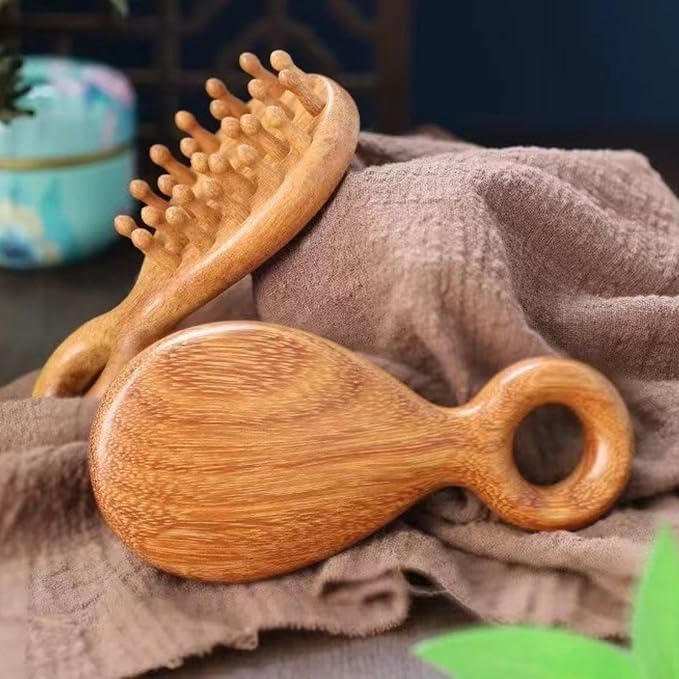 Sandalwood Head and Scalp Massager Comb, Wide Tooth Wooden Gua Sha Tool with Ergonomic Handle for Stress Relief, Headache, Neck and Shoulder Relaxation
