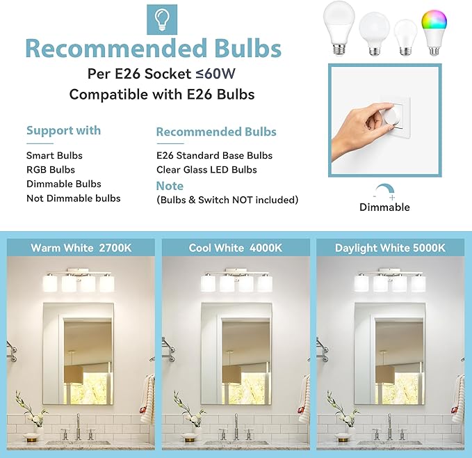 Honesorn 4-Light Bathroom Vanity Light Fixture, Brushed Nickel, Modern With Frosted Shade & Anti-Rust Finish, E26 Base Lighting