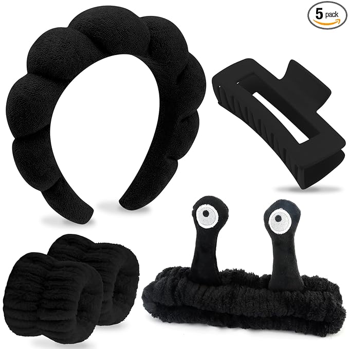 VELSCRUN Spa Headband, Makeup Face Wash Skincare Headbands, 5 Pcs Sponge Get Ready Snail Hairband Facial Wristband Hair Clip Set, Stuff for Teen Girls Women Trendy Hair Accessories Black