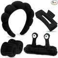 VELSCRUN Spa Headband, Makeup Face Wash Skincare Headbands, 5 Pcs Sponge Get Ready Snail Hairband Facial Wristband Hair Clip Set, Stuff for Teen Girls Women Trendy Hair Accessories Black