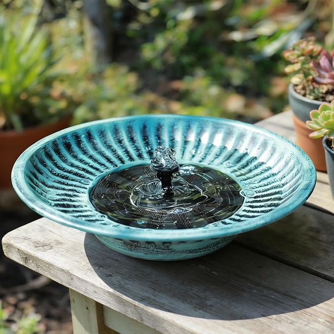 12.3" Solar Fountain Bird Bath for Outside, Metal Solar Bird Bath Fountains, Bird Bath Bubbler for Garden Patio Decor-Blue