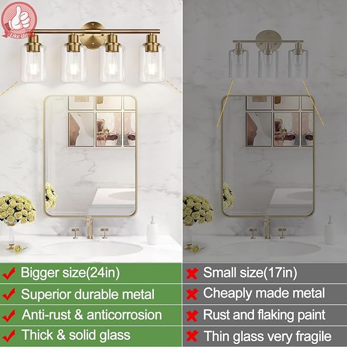 Zarbitta 4-Light Bathroom Light Fixtures, Brushed Brass Modern Vanity Lights with Cyan Glass Shades, Bathroom Wall Lamp for Mirror Kitchen Living Room