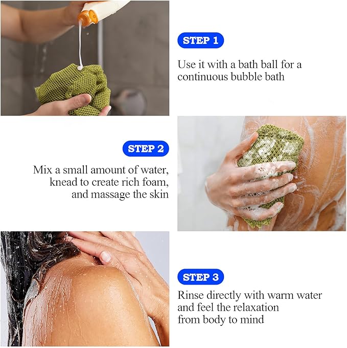 African Net Sponge - Deep Exfoliating Body Scrubber - Ultra Long African Net Sponge Reaches All Back Areas, Gently Buffs Away Dry Flaky Skin for a Renewed Feel, Home Spa Experience（Army Green）