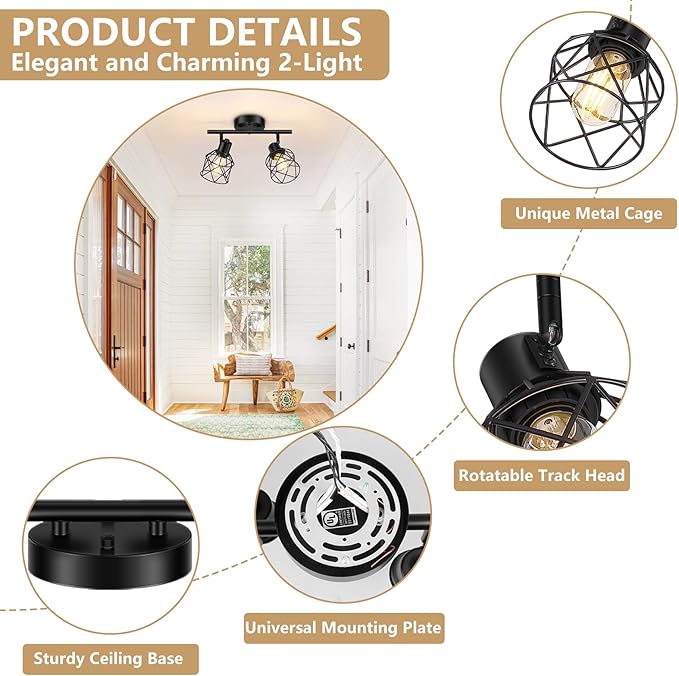 Baocuz 2-Lights Kitchen Light Fixtures Ceiling Mount, Adjustable Semi Flush Mount Ceiling Light with Metal Wire Cage, Vintage Track Spotlight Ceiling Fixtures for Dining Room, Farmhouse, Entryway