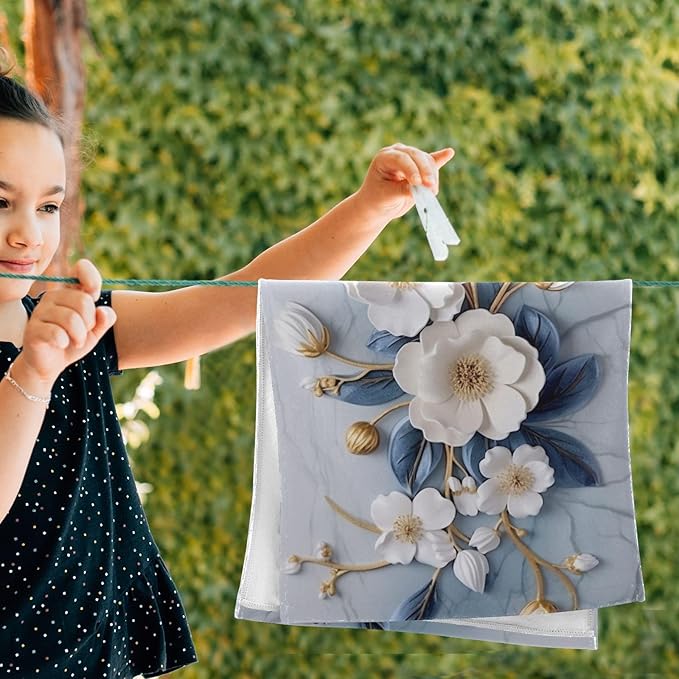 Vintage 3D Floral Hand Towels for Bathroom Set of 2,Decorative White Blue Golden Blossom Flower Branch Bathroom Towels for Bath,Face,Hair,Soft Absorbent Dish Towels for Kitchen Decor 28"x14"