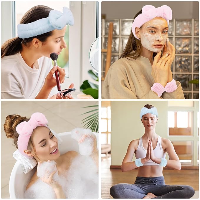 WHAVEL 6PCS Spa Headband and Wristbands Set, Face Wash Headband Wrist Bands for Washing Face Skincare Makeup Hair Band Skin Care Accessories Tools，Blue&Pink