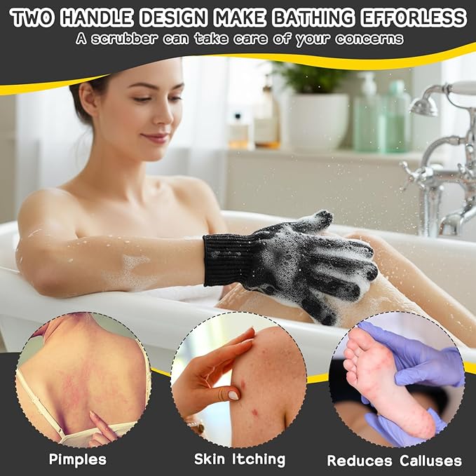 Sibba 3 Pcs Exfoliating Body Scrubber Bath Gloves Set Back Scrubber Shower Towel Double Sided Bath Gloves for Exfoliator, Back Washer for Body Scrub, Remove Dead Skin