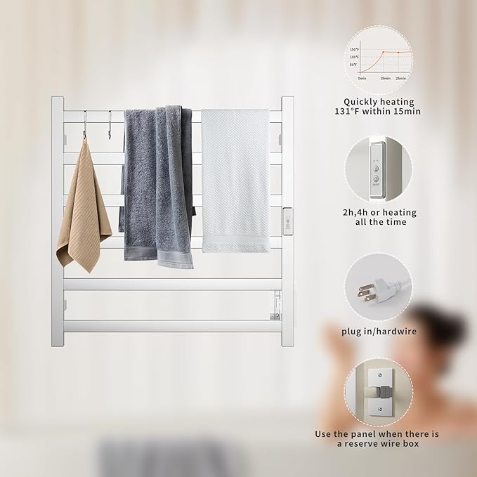 Wall Mounted Towel Warmer Square 6 Bars with Plug-in and Hardwired Options 3 Working Modes Mirror Polished Stainless Steel 24”W 34”H