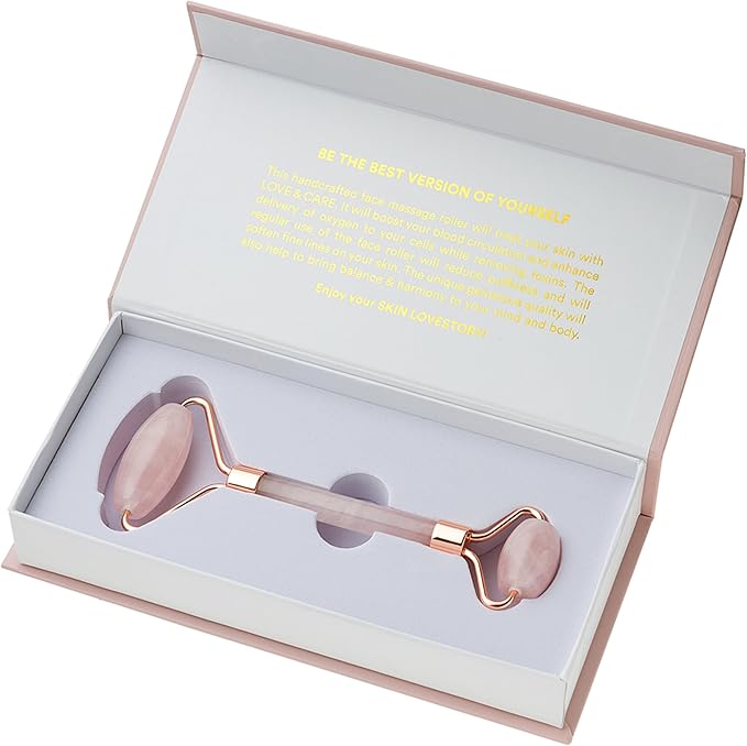 THE HEART COMPANY | Premium Rose Quartz Face Roller | Face Roller Skin Care Tool | Facial Roller Massager | Natural Crystal Facial Roller for Aging Skin | Pink Stone Roller for face, Eyes and Neck
