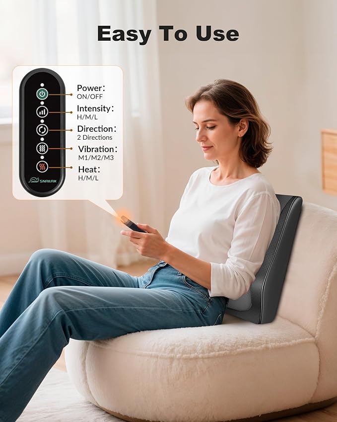 Snailax Shiatsu Back Massager with Heat Vibration, Rechargeable Cordless Neck Back Massager for Pain Relief Deep Tissue, 4D Deep Kneading Back Massage Pillow, Gifts for Mom Dad-Home Office Use
