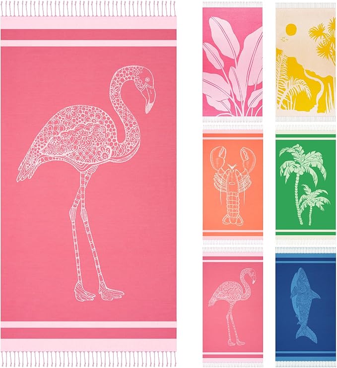 Genovega Oversized Cotton Turkish Beach Towels 72"x36" Lightweight Quick Dry Sandless Pool Swim Towel Large No Sand Adult Travel Compact Blanket Essentials Cruise Accessories Must Haves Pink Flamingo