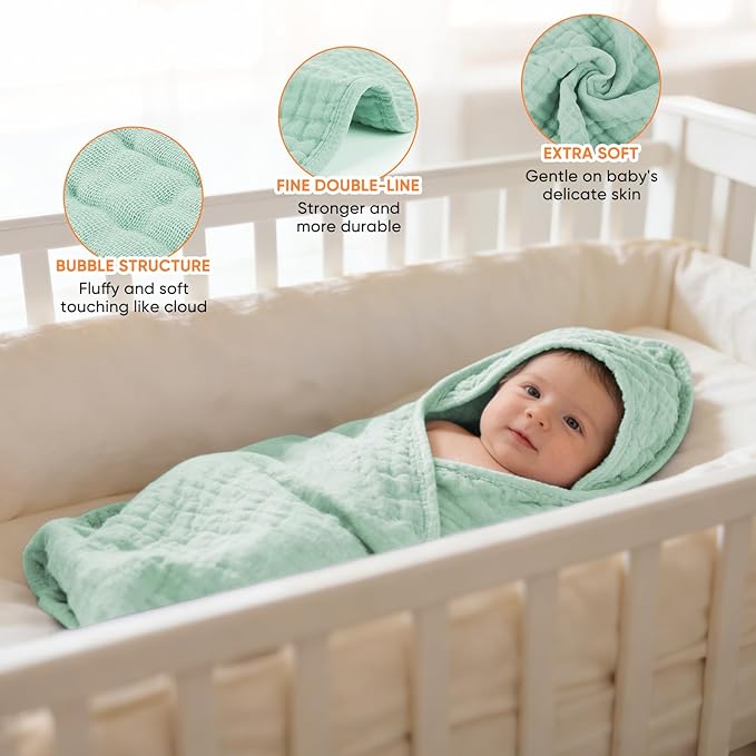 MIGIOL Muslin Hooded Baby Towels 100% Cotton ，Super Soft Muslin Baby Bath Towel - 32 x 32 Inches, Suitable for Newborn and Young Children up to 3 Years Old. (Beige & Green)
