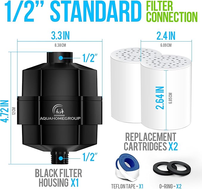 AquaHomeGroup 20 Stage Shower Filter - Reduces Chlorine, Heavy Metals and Sediment - Vitamin C and E - High Output - Universal Fit - Black