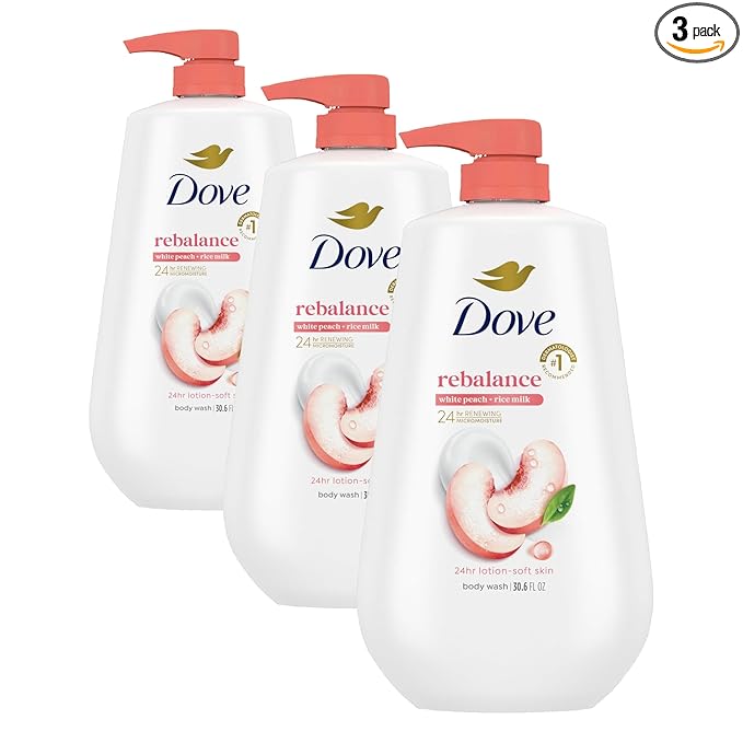 Dove Body Wash Rebalance White Peach & Rice Milk For 24hr Lotion-Soft Skin Moisturizing Skin Cleanser with No Sulfates No Parabens 30.6 oz (Pack of 3)