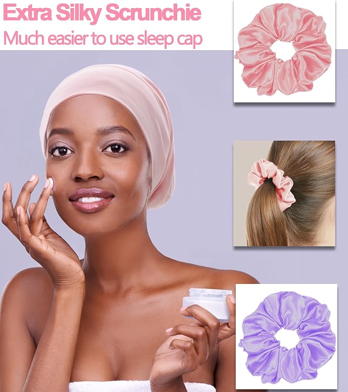 Sleep Cap Bonnet for Sleeping Black Women, Adjustable Cooling Ice Silk Lined Bonnet for Curly Braids Hair Cover Beanie Hat