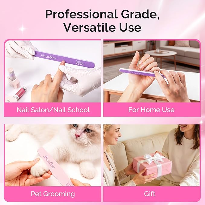 MelodySusie Nail File Kit, 4Pcs Double Sided 100/180 Grit Emery Boards for Nails, Professional Nail Art Manicure Pedicure Supplies for Home and Salon Use, Mothers Day Gifts, Pink & Purple