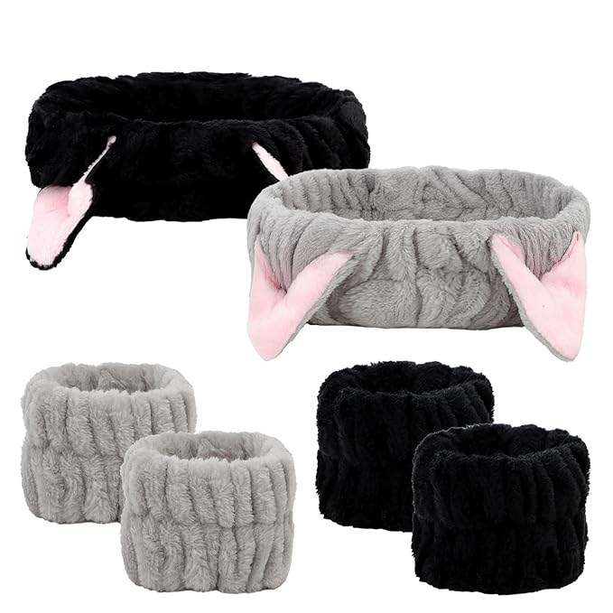 AMCAMI 6 Pcs Spa Set, Cute Make Up Cat Ears Headband Plush Animal Makeup Skincare Headbands with Face Washing Wristband for Women