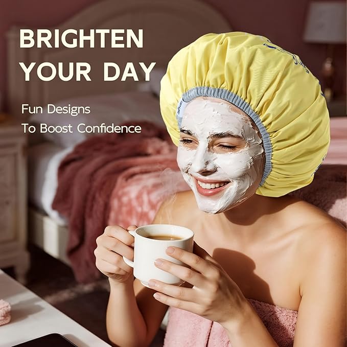 Years Calm Waterproof Shower Cap for Women - Double Sided Design for Long Thick Hair, Secure Fit & Flexible Elastic Band, Reusable Bath Cap for Shower, Spa, Travel (Mood Switch 3)