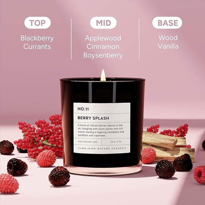 LUMELOOM Berry Splash Luxury Scented Candles, 9oz Soy Wax Candles for Home Scented, BlackBerry, Boysenberry & Woods Scent, Long Burning Time, Gifts for Women, Men, Nurse, Mothers Day, Teacher