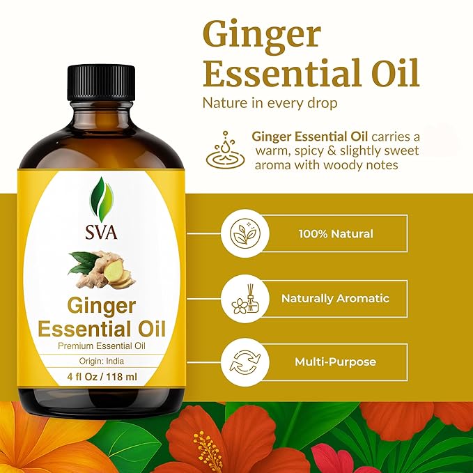 SVA Ginger Essential Oil – 4 Fl Oz – 100% Natural Ginger Oil - for Diffuser, Hair Care, Face, Skin Care, Aromatherapy, Scalp and Body Massage, Soap and Candle Making – with Dropper