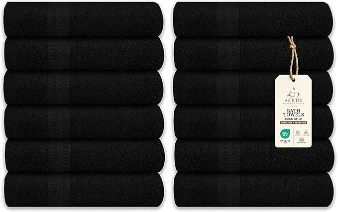 Medium Bath Towels Bulk Set of 12 – 100% Cotton Terry – 24" x 48" – Quick Dry, Soft & Highly Absorbent – Black Towels for Bathroom, Gym, Spa, Pool & Daily Use
