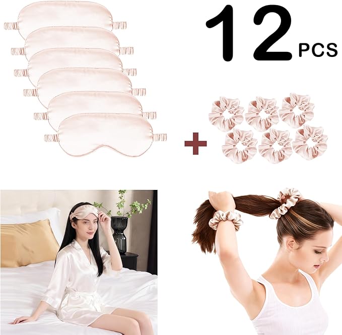 12Pcs Silk Sleep Masks Satin Eye Mask Silky Eyes Cover Blindfold Eyeshade Hair Ties Scrunchy Travel Bridesmaids Gifts
