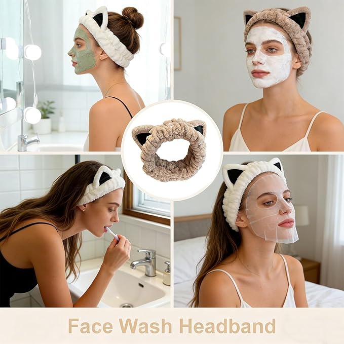 2 Pcs Cat Ears Headband Cute Spa Headband Set Washing Face Makeup Skincare Animal Headbands for Women Trendy Stuff Present Soft Coral Fleece Accessories for Women (1Beige+1Khaki)