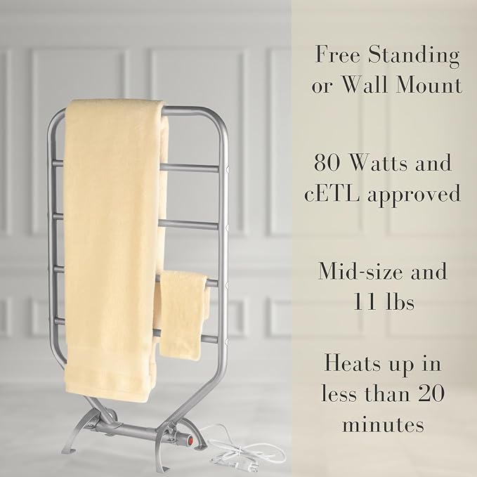 Warmrails Traditional Towel Warmer - Free-Standing or Wall Mounted Towel Warmer Rack for Drying Towels and Garments - 34-Inch Nickel Finish Frame with 4 Bars - Model RTS
