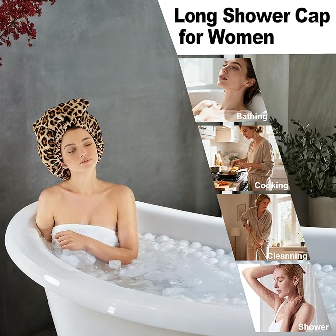 ELEBOX Extra Large Shower Cap for Braids/Curly Hair/Dreadlock | Reusable Waterproof Long Bonnets for Women Bath/Swim/Cooking/Cleaning/Spa | XL Bathing Cap with Adjustable Drawstring & Button, Leopard
