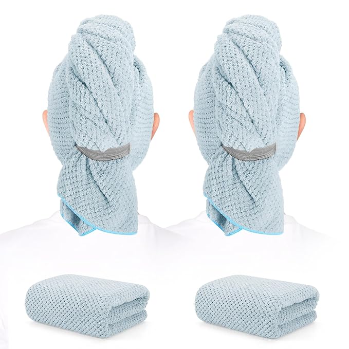 BEoffer 2 Pack Microfiber Hair Towel - 41 x 24 inches Super Soft, Absorbent, Fast Drying Without Frizz Hair Towel Wrap for Women Long, Thick, Curly Hair - Hair Turbans with Elastic Strap