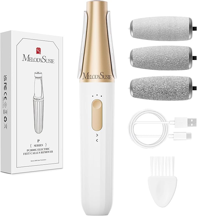 MelodySusie Electric Callus Remover for Feet, PC800G IPX7 Waterproof Rechargeable Pedicure Tool with LED Light & 3 Grits Roller Heads & Adjustable Speeds, for Dead Skin & Cracked Heel, White Gold