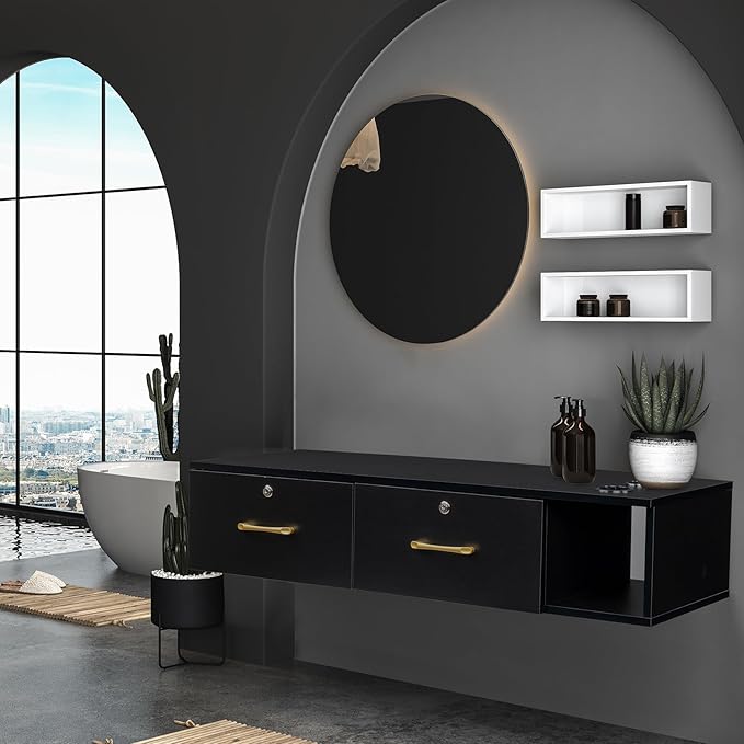 Wall Mount Styling Station for Hair Stylist,Wooden Hair Salon Station Storage Cabinet,Beauty Salon Storage Equipment,Beauty Spa Tool Organizer,with Drawers,for Barber Shop, Home, Bathroom (Black)