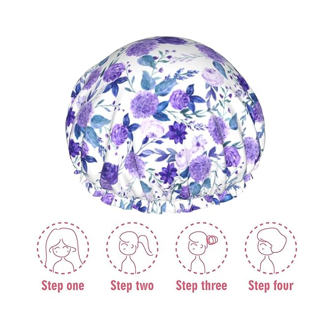 Violet Purple Rose Shower Cap For Women Adjustable Double Waterproof Layers Bathing Shower Hat Hair Protection Reusable Ladies Spa Salon Shower Hat