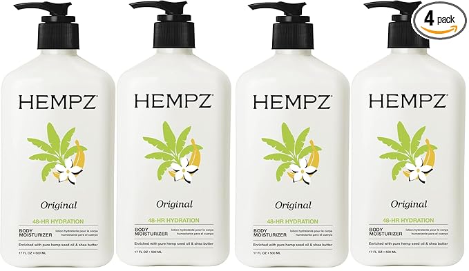 Hempz Original, Natural Hemp Seed Oil Body Moisturizer with Shea Butter & Ginseng, Pure Herbal Skin Lotion for Dryness, Nourishing Vegan Cream, Floral and Banana, 17 Fl Oz, (Pack of 4)