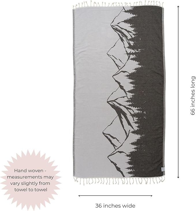InfuseZen Turkish Towel with Mountain Landscape – 100% Organic Turkish Cotton - Sand Free Quick Dry Beach Peshtemal – Thin Reversible Absorbent Pool Hammam – Plus Size Gym, Travel Fouta (Black)