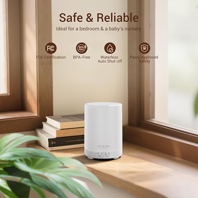 ASAKUKI Essential Oil Diffuser for Home, 300 ml Humidifier with Automatic Shut-Off, Quiet Aromatherapy Diffuser with 7 LED Lights for Living Room, Kitchen, Bedroom, Hotel, Gift for Mom - White Wood