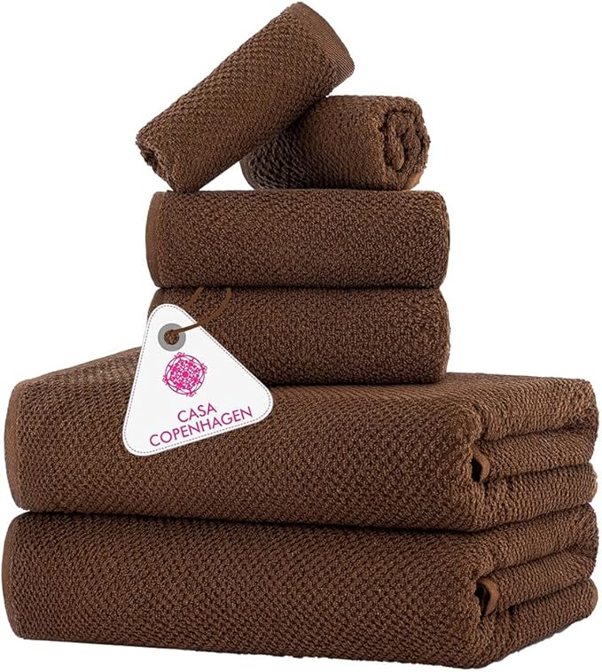 CASA COPENHAGEN EcoPop 6Pcs 100% Cotton Large Designer Towels Gift Set- Toffee, 550 GSM, 2Bath 2Hand 2Washcloths, Bath Towels for Bathroom Set for Women & Men