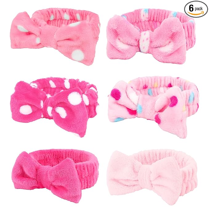 Casoty 6 Pcs Spa Headbands, Hair Holder for Washing Face, Soft Coral Fleece Facewash Headband, Bow Hair Bands, Beauty Headbands for Face Washing Shower Skin Care Yoga