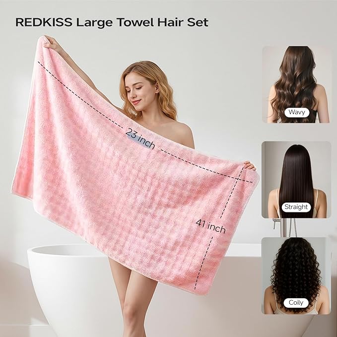 REDKISS 3 Pack Extra Large Microfiber Hair Towels with Elastic Strap - Quick Dry, Anti-Frizz Turbans for Long, Thick, Curly Hair