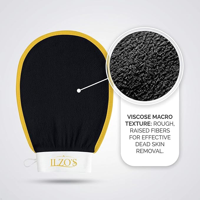 ILZO’S Original Exfoliating Mitt for Body (2 Pack) – Deep Exfoliating Glove for Dead Skin Removal, Korean Viscose Body Scrub Mitt for Smooth Skin, Helps Ingrown Hair & Keratosis Pilaris (BLACK)