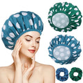 WSICSE 2 Packs Large Shower Caps for Women, Reusable Waterproof Shower Cap Bath Caps with Hair Scrunchies for Long Thick Hair (Blue/Green)