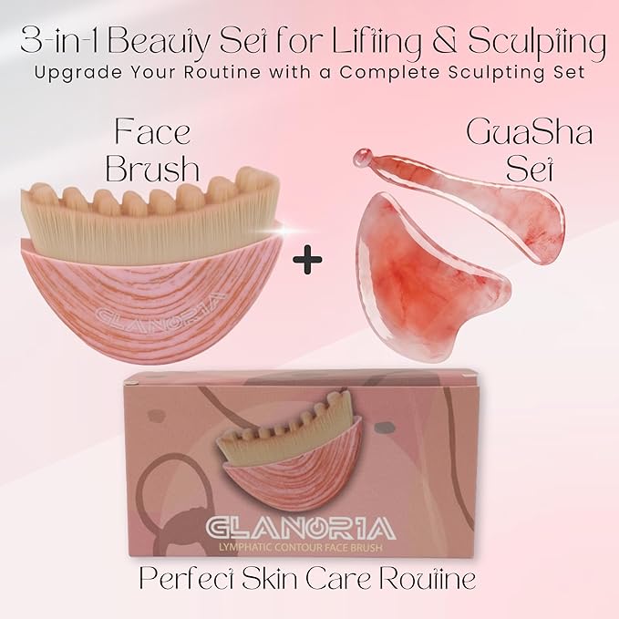 3 in 1 Lymphatic Contour Face Brush – Face Brush for Lymphatic Drainage with Soft Bristles & Plastic Handle, 2 Gua Sha Tools for Facial Sculpting, Jawline, Double Chin & Depuffing