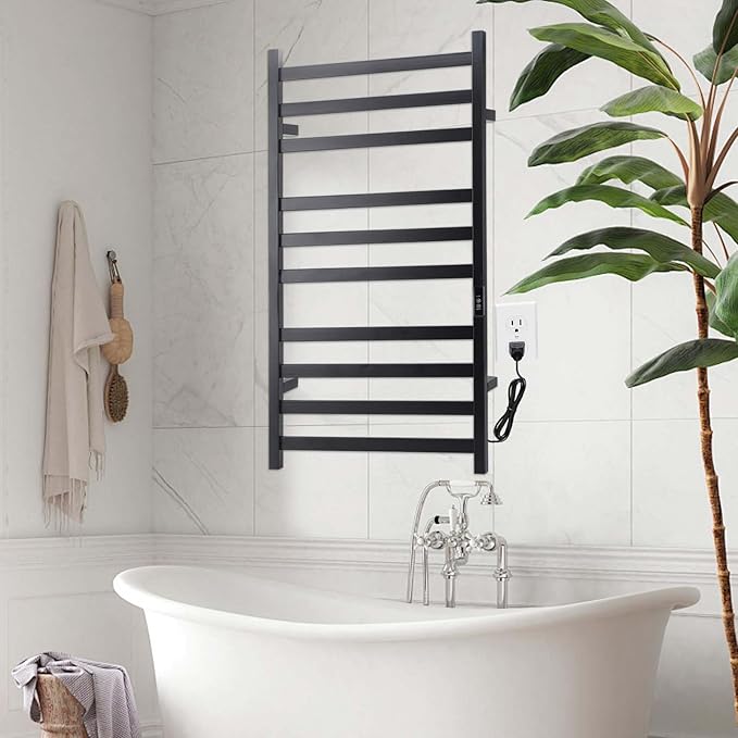 Towel Warmer Heated Towel Rack-Bar - Nopwer Bathroom Wall Mounted Electric Towel Drying Matte Black 10 Bar Plug-in