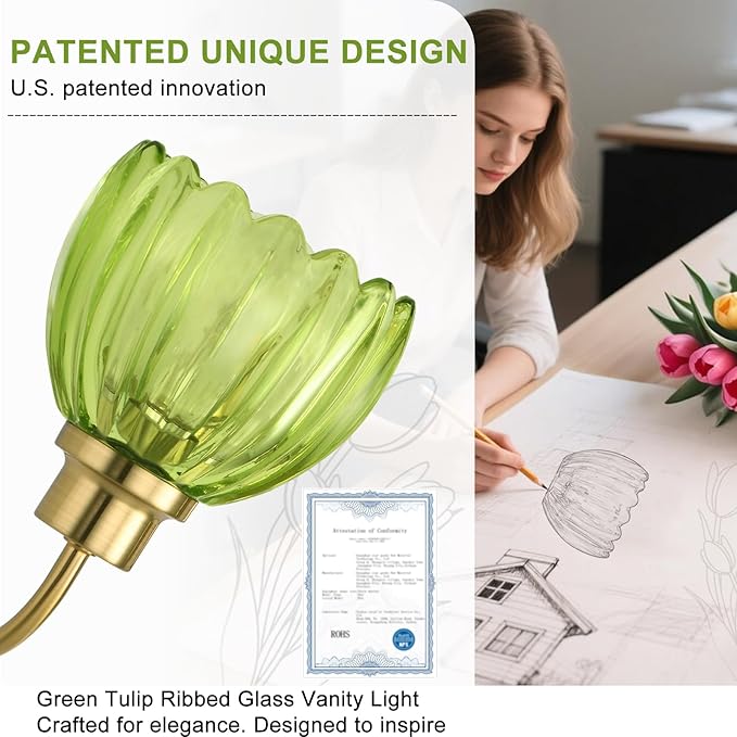 Bathroom Light Fixtures (3-Light, 20 Inch), Brushed Gold Vanity Lights for Bathroom with Ribbed Green Tulip Glass Shade, Vintage Vanity Wall Lights for Mirror Bedroom Living Room Hallway